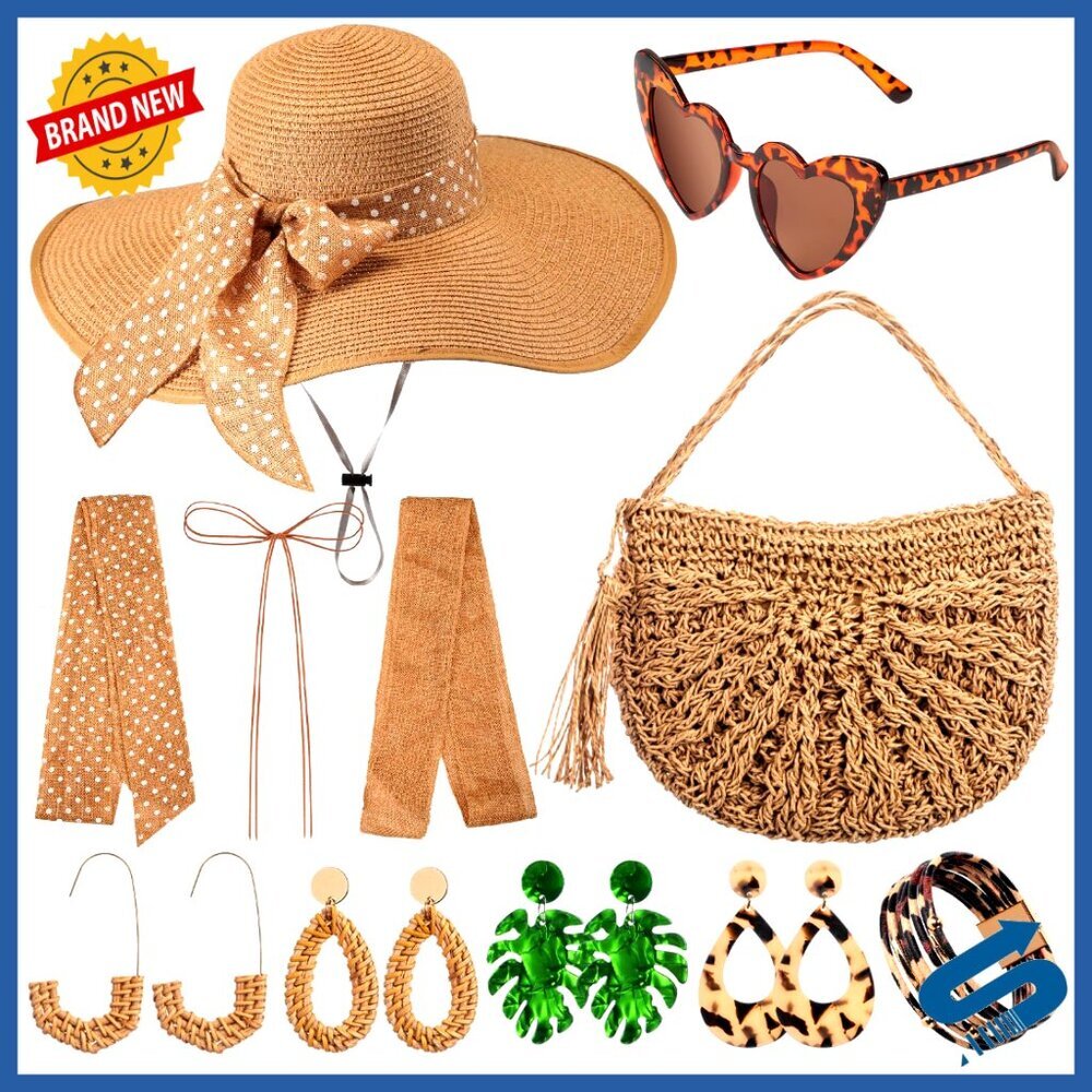 Summer Beach Set with Wide Brim Straw Hat, Shoulder Bag, Sunglasses, Earrings,